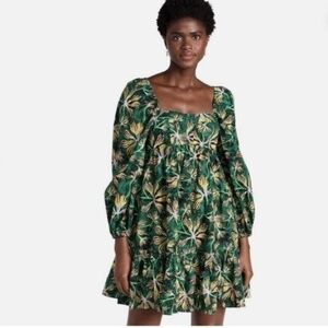 Ulla Johnson Alita Green Yellow Cotton Puff Sleeve Empire Waist Mini Dress Nwt 4